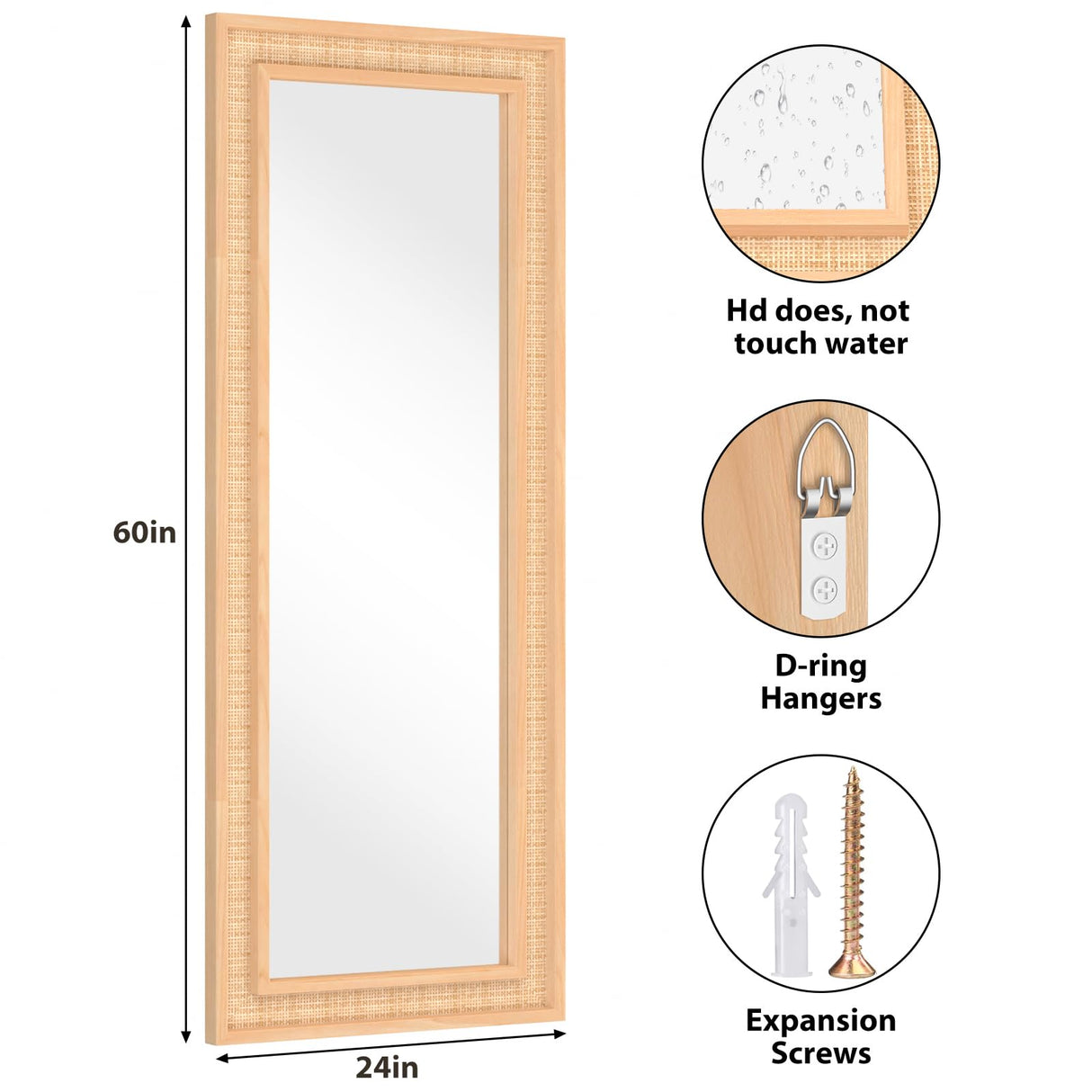 FUWU HOME Rattan Full Length Mirror, 24 X 60 inch Wood Bathroom Vanity Mirror, Free Standing or Wall Mounted Full Body Mirror for Bedroom, Living Room, Dressing Room FUWU HOME