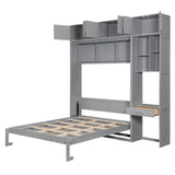 Queen Size Wall Murphy Bed with Desk, Top Cabinet and Storage Shelves, Space Saving Foldable Bed,Gray Harper & Bright Designs