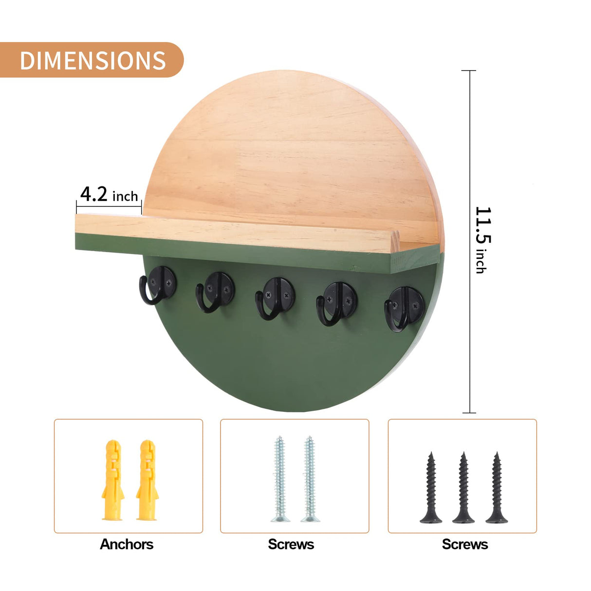 CRAKTH Key and Mail Holder for Wall Decorative, Wooden Boho Key Hanger with Shelf, Unique Two-Tone Circular Design Entryway Key Rack - Brown & Green CRAKTH