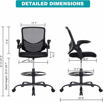 SMUG Drafting Chair Tall Office Chair for Standing Desk Adjustable Height Office Desk Chair with Adjustable Flip Up Armrests and Foot-Ring for Task, Working, Drafting, Studying, Dark Black