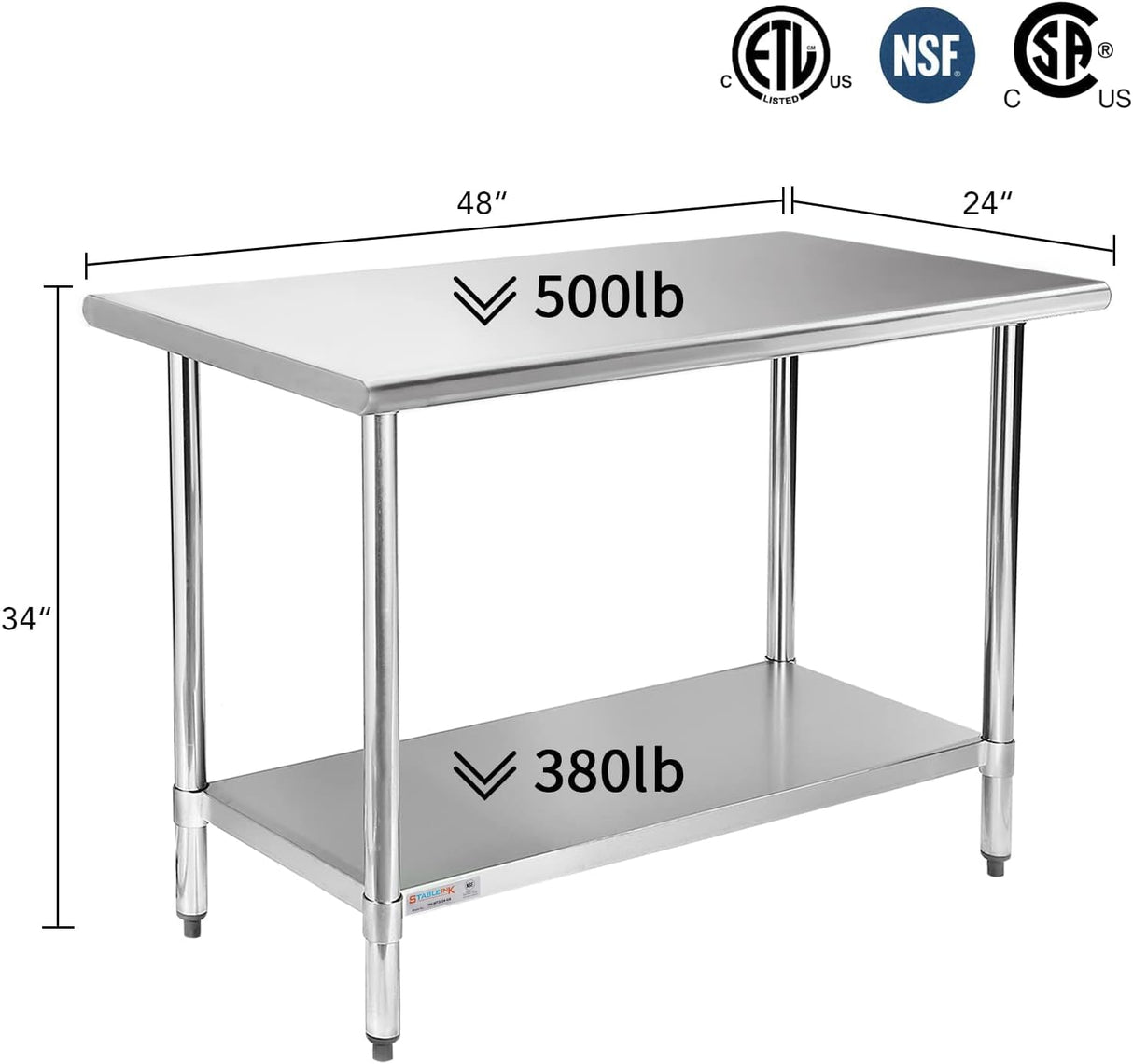 STABLEINK NSF Stainless Steel Table, 24 x 48 Inches Metal Prep & Work Table with Adjustable Undershelf, for Commercial Kitchen, Restaurant, Hotel and Garage，Stainless Steel prep Table Work Table STABLEINK
