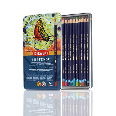 Derwent Inktense Pencils Tin, Set of 12, Great for Holiday Gifts, 4mm Round Core, Firm Texture, Watersoluble, Ideal for Watercolor, Drawing, Coloring and Painting on Paper and Fabric (0700928)