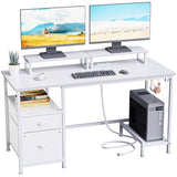 Furologee White Computer Desk with Drawer and Power Outlets, 47" Office Desk with 2 Monitor Stands and Fabric File Cabinet, Writing Gaming Table with Shelves and 2 Hooks for Home Office Furologee