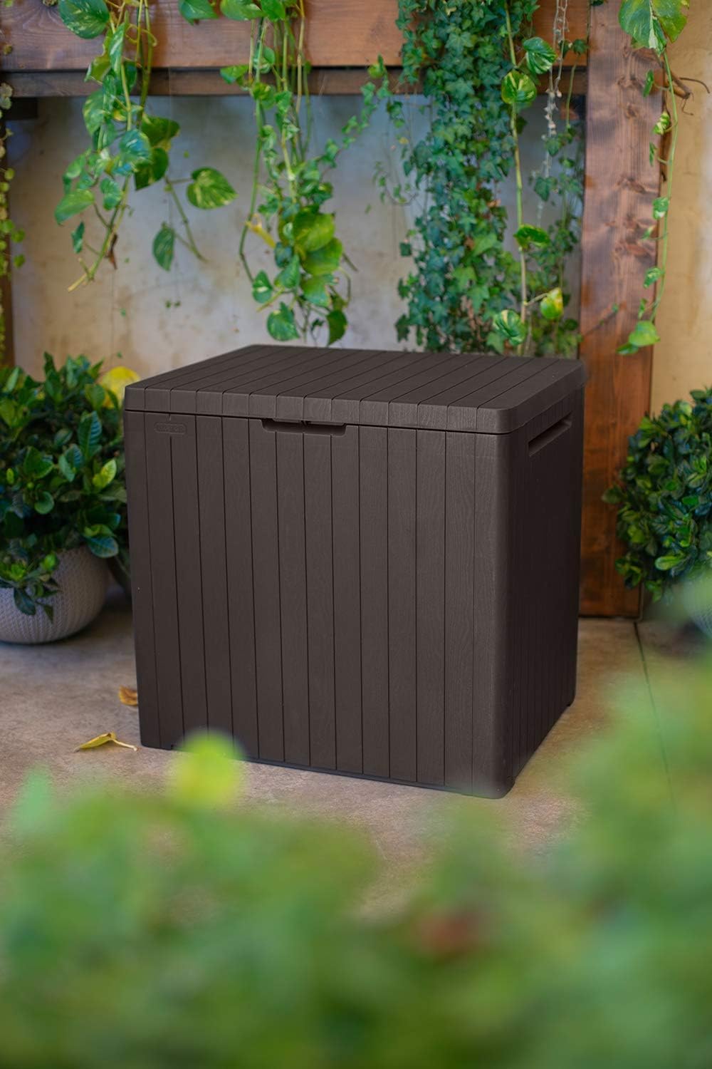 Keter City 30 Gallon Resin Outdoor Storage Box and Patio Furniture Side Table for Pool and Garden Accessories, Brown Keter