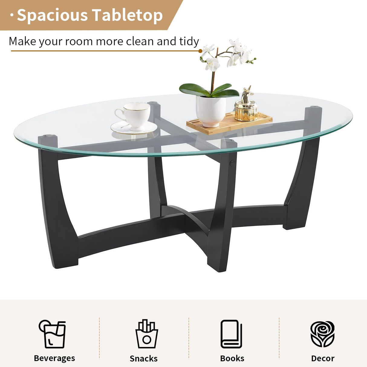 LKTART 48" Oval Glass Coffee Table with Tempered Glass Top Cross and Solid Wood Base Simple & Modern Center Table for Living Room Office Apartment Black LKTART