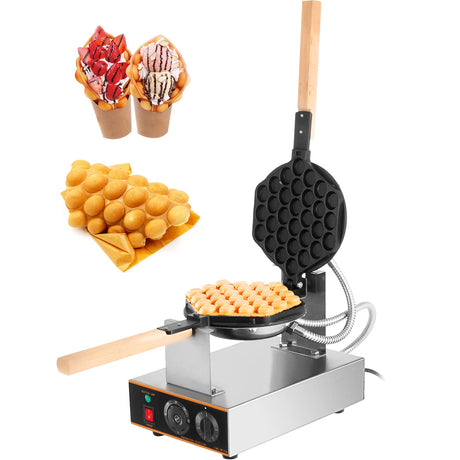 VEVOR Commercial Bubble Waffle Maker, 1400W Egg Bubble Puff Iron w/ 180° Rotatable 2 Pans & Wooden Handles, Stainless Steel Baker w/Non-Stick Teflon Coating, 50-250℃/122-482℉ Adjustable VEVOR