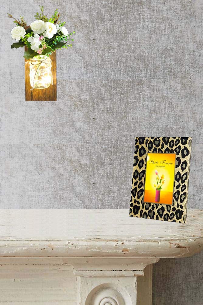 Rustic Home Decor Mason Jar Wall Sconces, Timer Led Fairy Lights and Flowers, Handmade Wood Art Goods Decor, Farmhouse Wall Decorations for Bathroom and Living Room - Set of 2 OCTMUSTARD