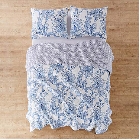 Levtex Home - Bennett Quilt Set - King/Cal King Quilt with Two King Pillow Shams - Floral Paisley - Blue and White - 106x92in and Pillow Sham Size 36x20in - Reversible - Cotton Levtex Home