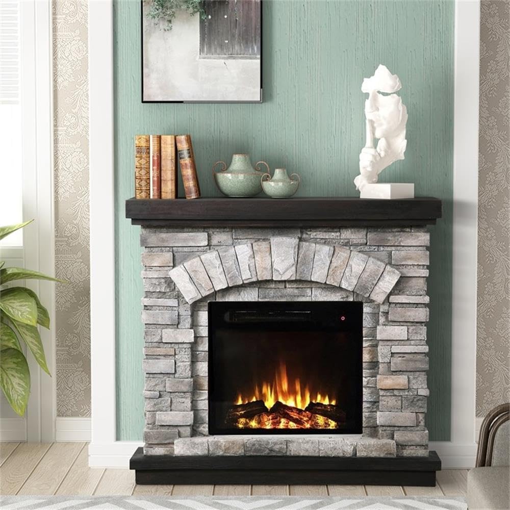 LIVILAND 36" Farmhouse Ceramic Magnesium Oxide Freestanding Electric Fireplace with 4 Flickering Flame Effect Settings, Remote and Touch Control, in Gray Finish