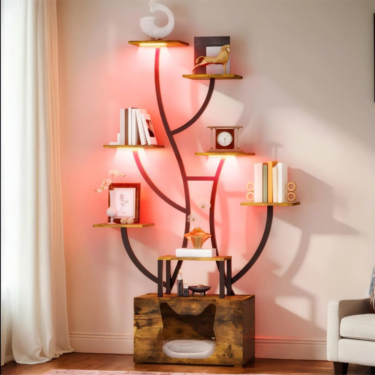 DWVO Tall Bookshelf with LED Light, Artistically Designed Tree Bookshelf with Cats Litter Box, 8-Tier Unique Bookshelves Corner Display Shelf for Home Office, Bedroom DWVO
