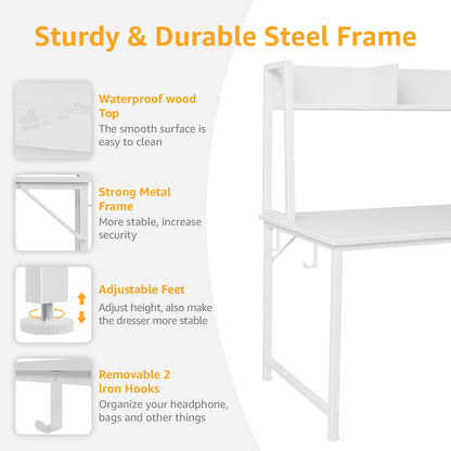 DLISITING White Computer Desk with Hutch & Drawers - Office Study Writing 47 Inch Desk with 3 Drawers Storage Power Outlets, Modern Desk for Bedroom Home Office