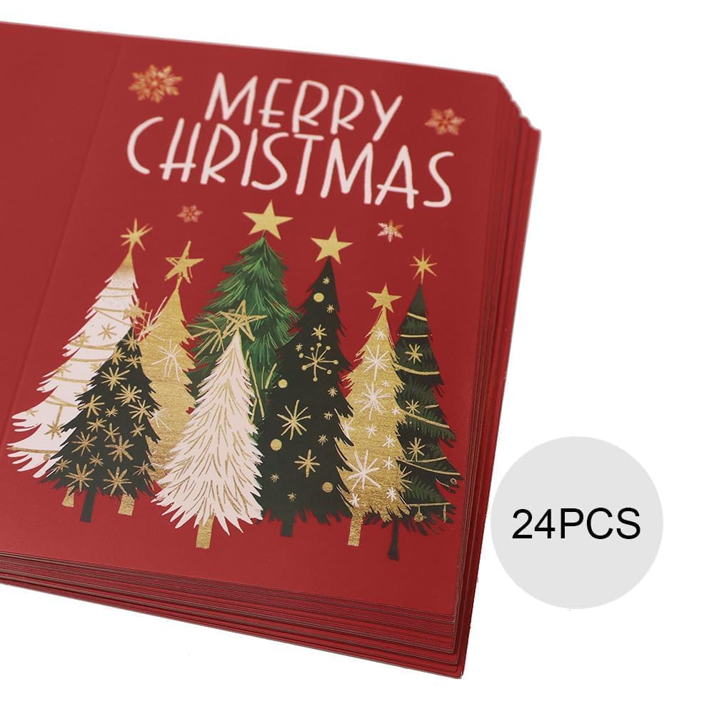 GEEORY Boxed Christmas Tree Cards,4" x 6",Red and Gold Snowflake Holiday Greeting Cards (24 Cards with Envelopes) GEEORY