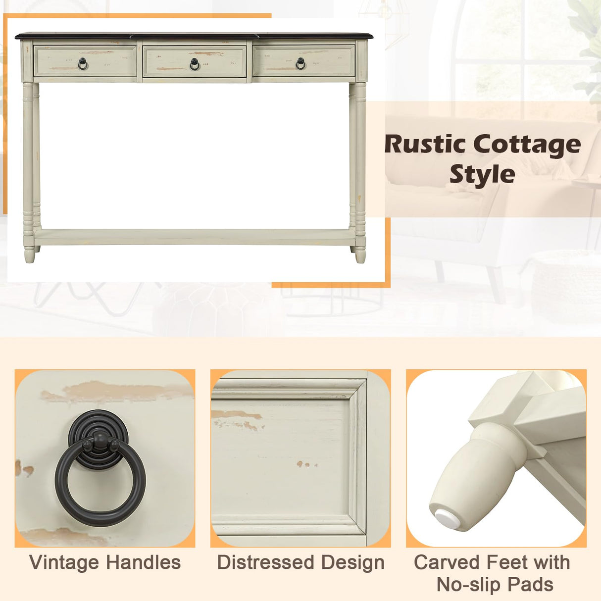 Giantex Console Table with 3 Storage Drawers - Entry Table, Rustic Farmhouse Entryway Table with Open Storage Shelf, Solid Wood Legs, Long Sofa Table Giantex