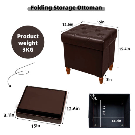 CAROLMADE Folding Storage Ottoman Cube PU Leather Footstool with Wood Legs Ottoman Footrest for Living Room and Bedroom Brown, 15x12.6 x 15.4” CAROLMADE