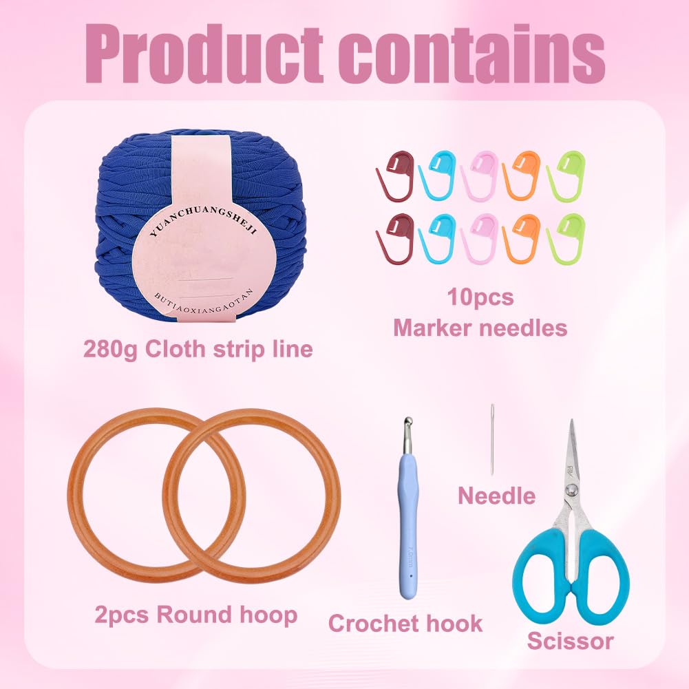 BEUNITONE DIY Crochet Bag Kit for Beginners Blue Handbag Macrame Kit for Women Boho DIY Macrame Purse Set Tote Bag for Holiday Summer Beach Decor Knitting Lover with Step-by-Step Instructions BEUNITONE