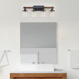 Feohak 4-Light Bathroom Vanity Light, Farmhouse Bathroom Light Fixtures Over Mirror, Rustic Industrial Wood Black Wall Lamp Sconce Light with Clear Glass Shade Feohak