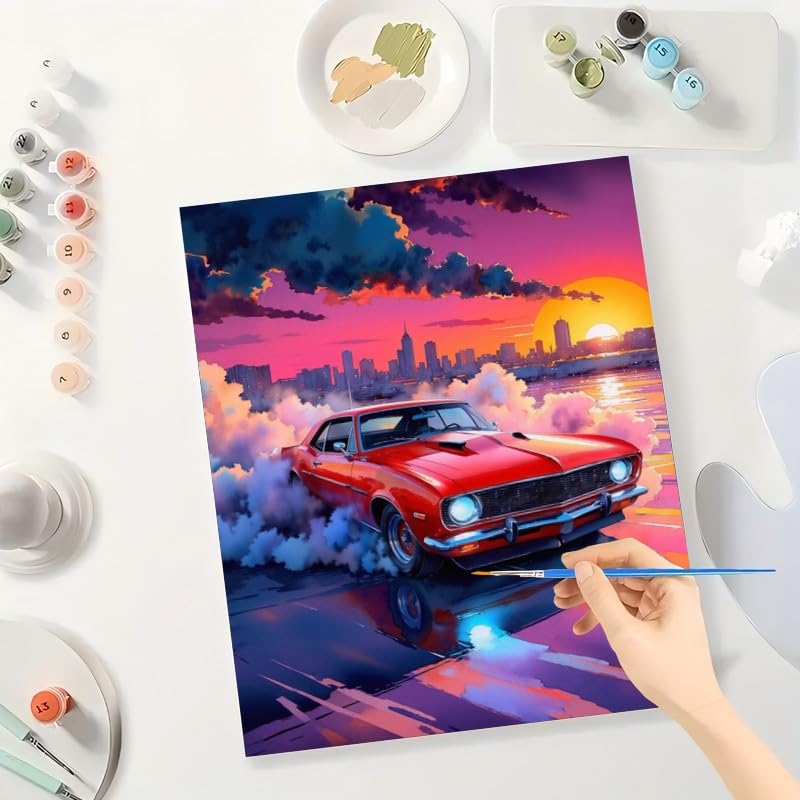 Classic Car Paint by Numbers Kit for Adults - DIY Red Muscle Car at Sunset Painting on Canvas 16x20In, Acrylic Paint Set, Suitable for Beginners, Art for Home Decoration or Gifts DecorFriday
