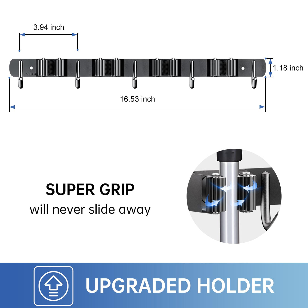 ZONGOOL 2 Pack Broom Holder Wall Mount, 4 Racks and 5 Hooks Mop Hanger Wall Mount Broom Organizer Stainless Steel Heavy Duty Garage Tool Racks for Home Kitchen Garden Laundry (Black) ZONGOOL