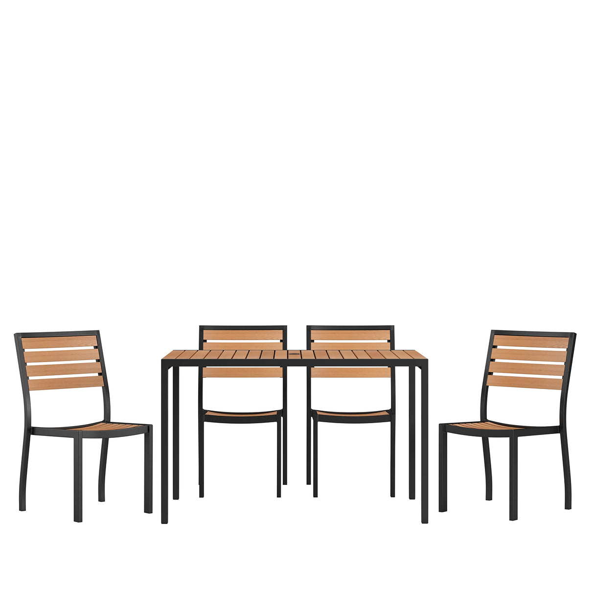 Merrick Lane Calle Patio Dining Set - Five Piece Set - Synthetic Teak Poly Slats - 30" x 48" Steel Framed Table with Umbrella Hole - 4 Club Chairs Merrick Lane
