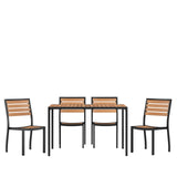 Merrick Lane Calle Patio Dining Set - Five Piece Set - Synthetic Teak Poly Slats - 30" x 48" Steel Framed Table with Umbrella Hole - 4 Club Chairs Merrick Lane