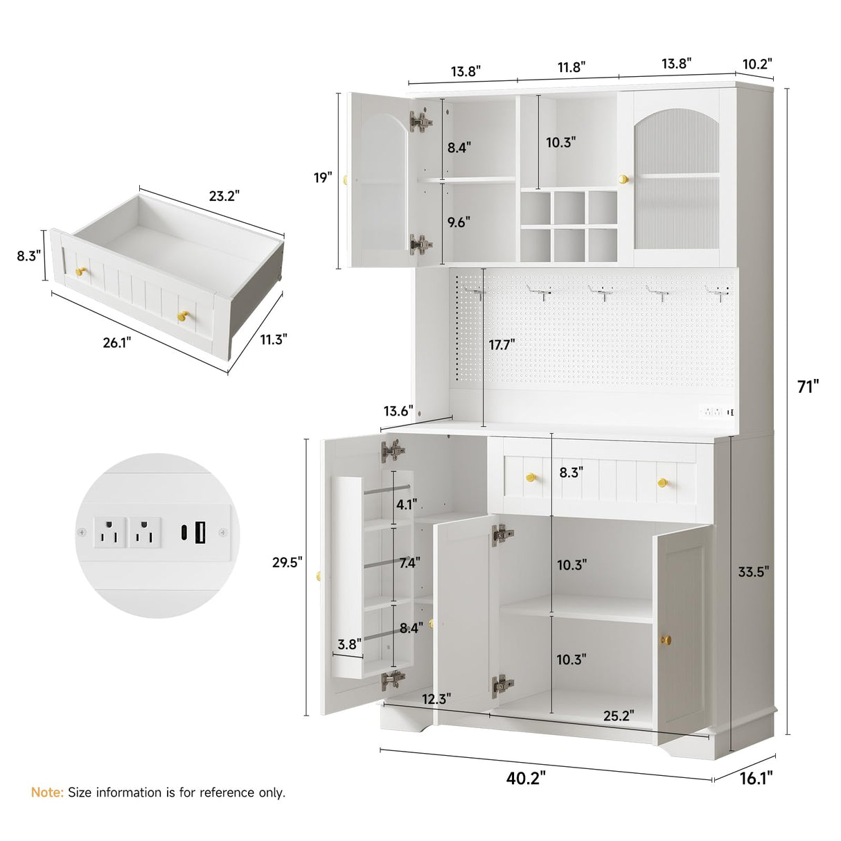 ONBRILL 71" Pantry Storage Cabinet with Microwave Shelf & Door Shelves, Kitchen Wood Pantry with Outlet & LED Light, Kitchen Hutch with DIY Pegboard & 6 Hook, Modern Cabinet with Drawer & Wine Rack ONBRILL