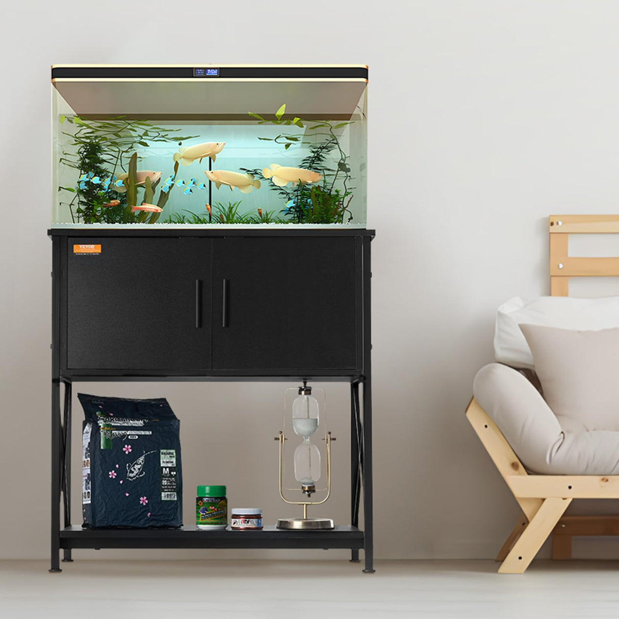 VEVOR Aquarium Stand, 29 Gallon Fish Tank Stand, 28.7 x 16.5 x 30 in Steel and MDF Turtle Tank Stand, 242.5 lbs Load Capacity, Reptile Tank Stand with Storage Cabinet and Embedded Power Panel, Black VEVOR