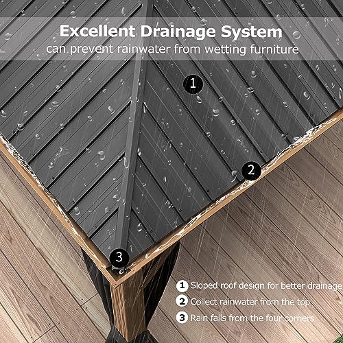 PURPLE LEAF 10' X 12' Outdoor Hardtop Gazebo for Patio Galvanized Steel Double Roof Permanent Canopy Teak Finish Coated Aluminum Frame Pavilion Gazebo with Netting PURPLE LEAF