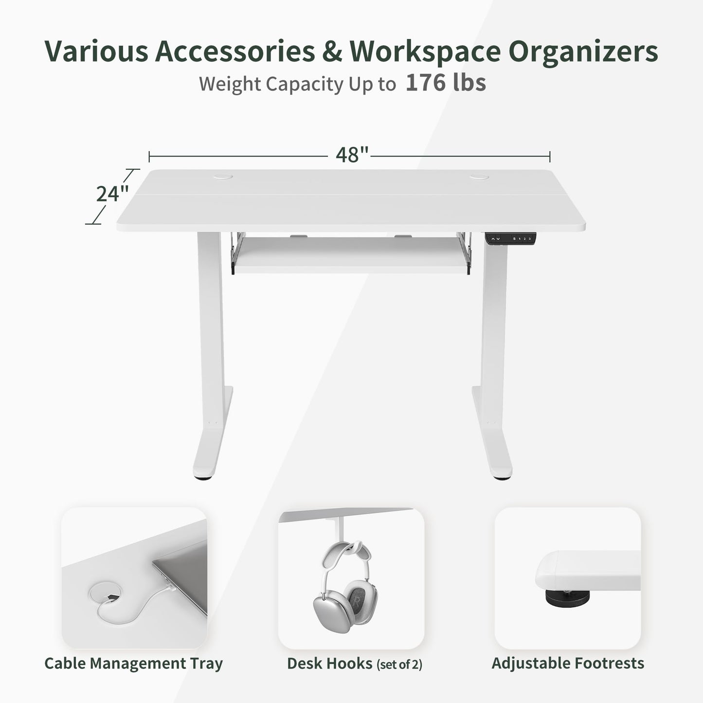 BANTI 48" x 24" Height Adjustable Electric Standing Desk with Keyboard Tray, Sit Stand up Desk with Splice Board, White Frame/White Top - WoodArtSupply