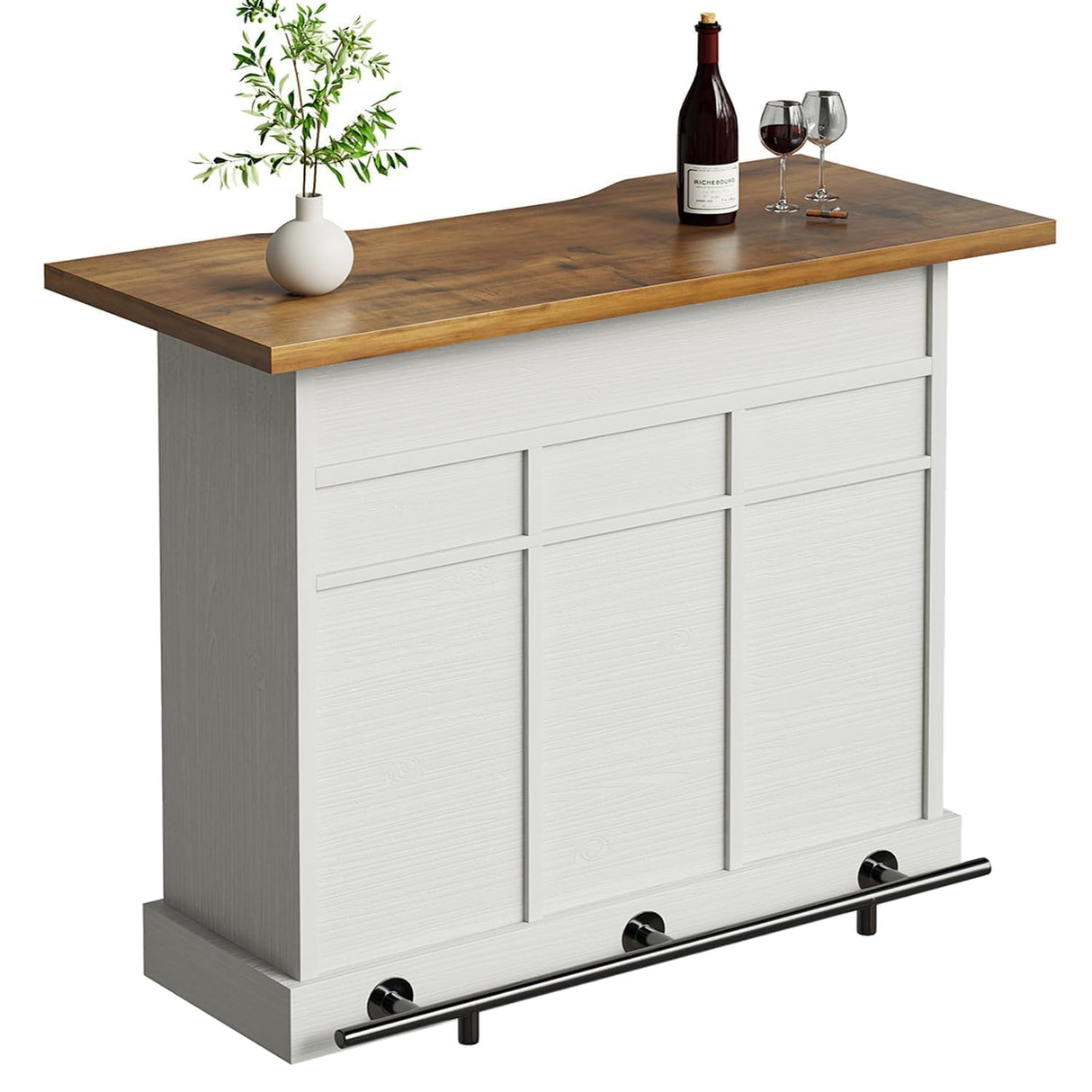 52 Inch Large Home Bar Unit with Foot Rail, 4-Tier Storage Bar Table with 3 Drawers, Farmhouse Wine Bar Cabinet with 9 Wine Rack & 2 Barn Doors, Home Bar Unit with Storage for Living Room, White 4ever2buy