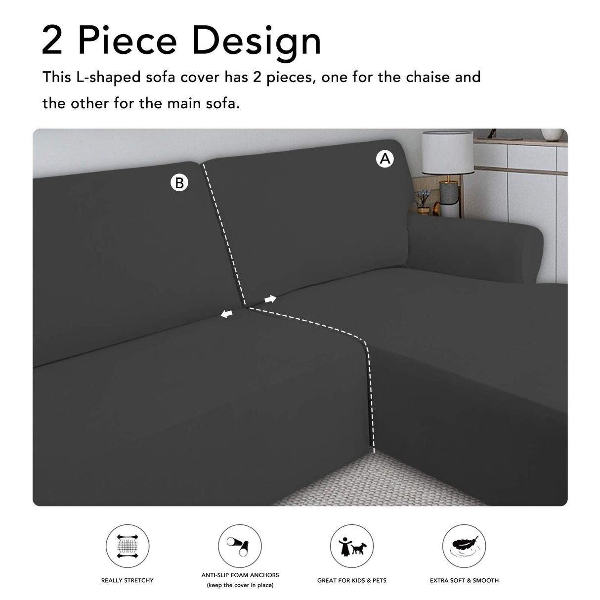 PureFit Super Stretch Sectional Couch Covers - 2 pcs Spandex Non Slip, with Elastic Bottom for L Shape Sectional Sofa Couches, Great for Kids & Pets (3 Seat Sofa + 3 Seat Chaise, Dark Gray) PureFit