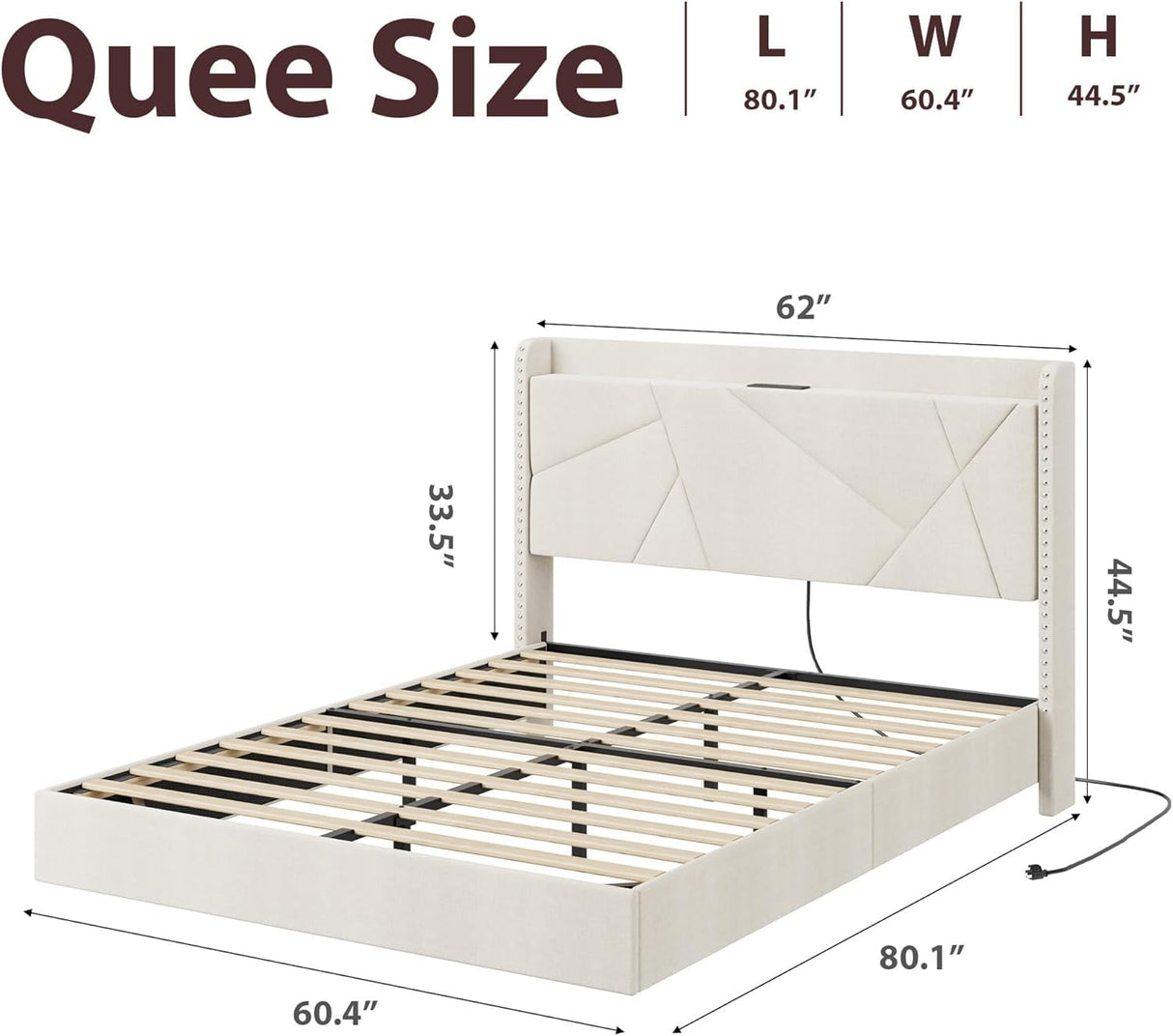 GarveeHome Queen Size Floating Bed Frame, Suspended Bed with RGB LED Lights and Charging Station, Upholstered Bed Frame with Storage Headboard and Button Tufted, No Box Spring Needed, Beige GarveeHome