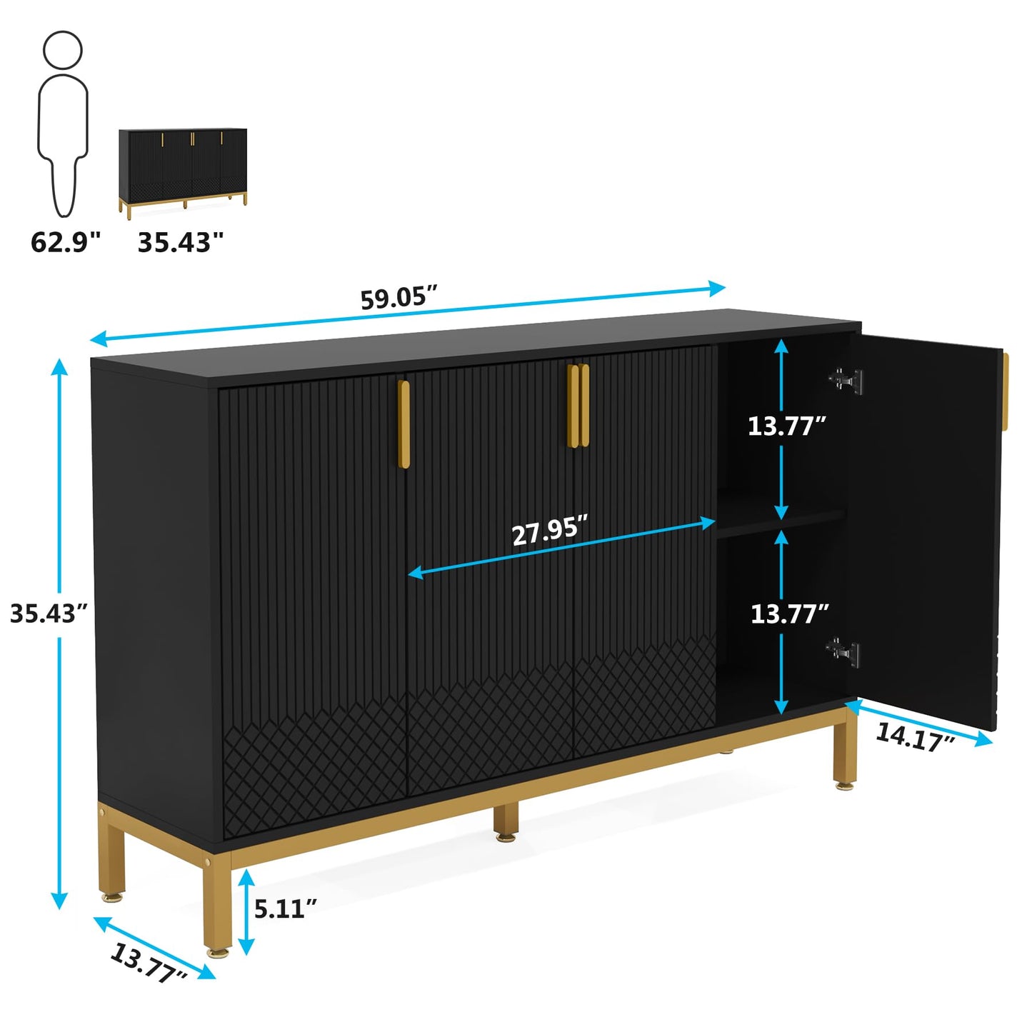 Tribesigns Luxury Buffet Cabinet with Storage, 59 Inch Kitchen Sideboard with 4 Doors, Coffee Bar Cabinet for Dining Room, Living Room, Black and Gold