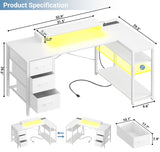 Aheaplus 53 Inch Gaming Desk with Power Outlets & LED Lights, Reversible L Shaped Computer Desk with 3 Drawers & Monitor Stand, Home Office Desk Corner Gamer Desk with Storage Shelves, White Aheaplus