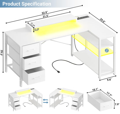 Aheaplus 53 Inch Gaming Desk with Power Outlets & LED Lights, Reversible L Shaped Computer Desk with 3 Drawers & Monitor Stand, Home Office Desk Corner Gamer Desk with Storage Shelves, White