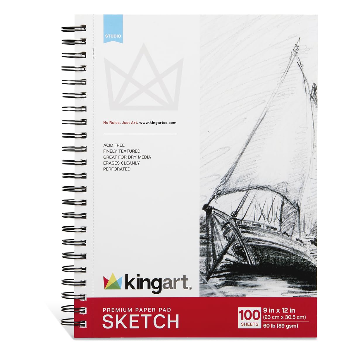 KINGART Spiral-Bound Sketch Pad, 9×12″, 100 Sheets, Acid-Free Paper, Perforated Edges, Durable Spiral Binding — Ideal for Dry Media Sketching KINGART