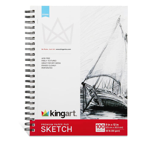 KINGART Spiral-Bound Sketch Pad, 9×12″, 100 Sheets, Acid-Free Paper, Perforated Edges, Durable Spiral Binding — Ideal for Dry Media Sketching KINGART