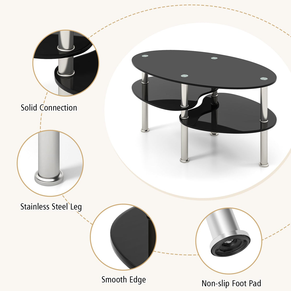 Giantex Oval Glass Coffee Table - 3-Tier Transparent Tempered Glass Table W/Sturdy Chrome Plated Legs, Small Sofa Side Table, End Table for Living Room, Bedroom, Office, 35"× 20" ×18" (Black) Giantex
