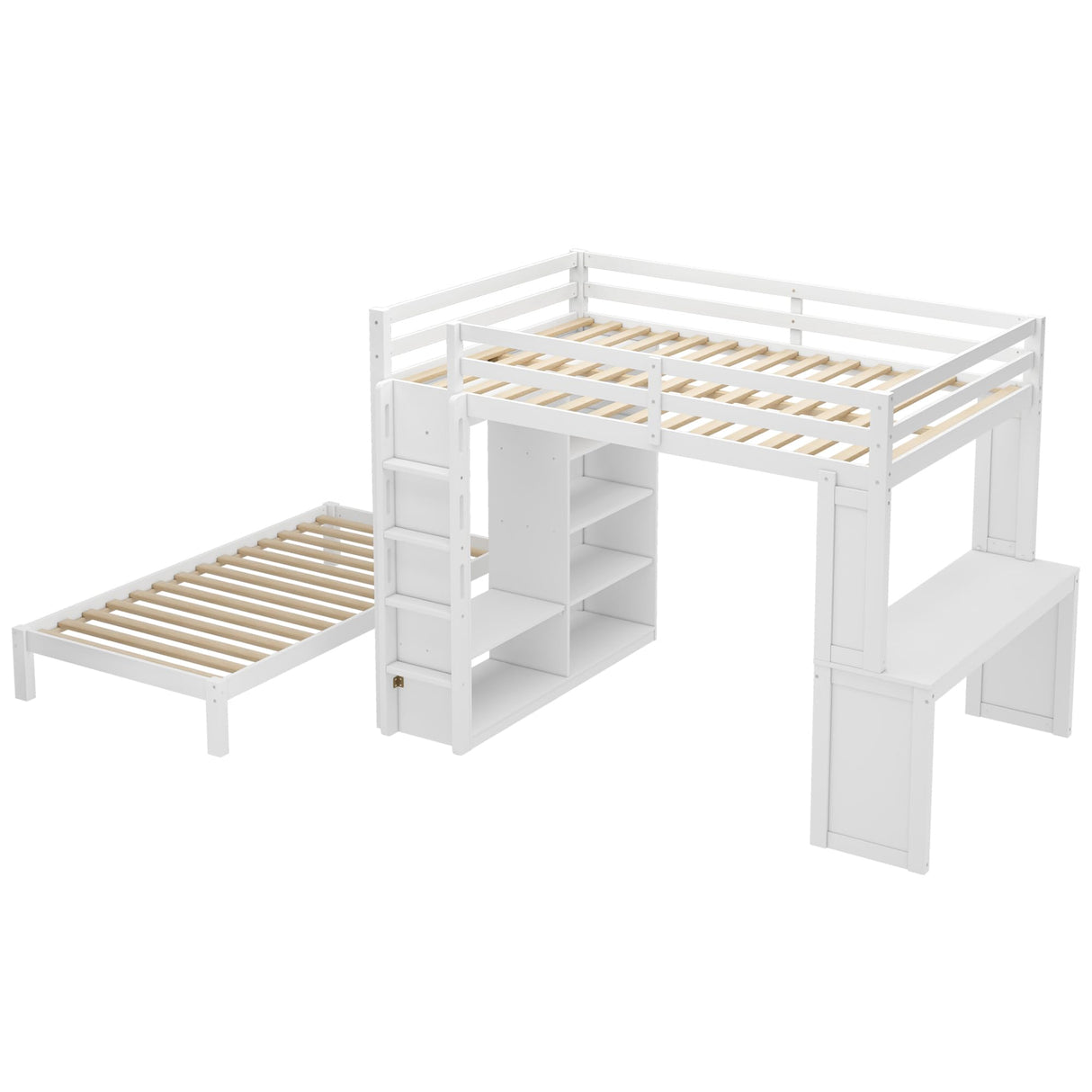 Queen Over Twin Bunk Bed with Desk, Wardrobe, and Storage Shelves, Solid Wood Bunk Beds with Dismountable Lower Bed, Bunkbed Frame for Bedroom, Guestroom, Dorms, No Spring Box Needed, White Bellemave