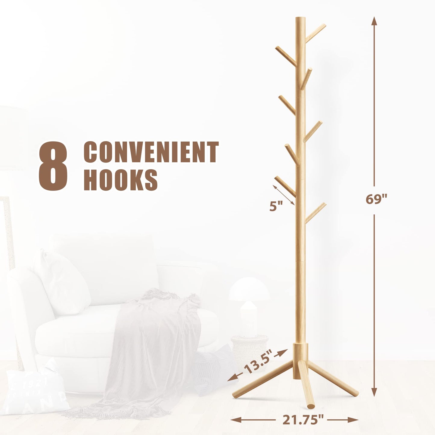 Haddockway Wooden Coat Rack Stand with 8 Hooks New Zealand Pine 3 Adjustable Coat Standing Tree Easy Assembly for Coats, Hats, Scarves and Handbags for Entryway, Hallway, Bedroom, Office