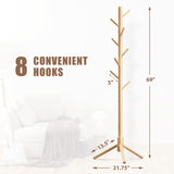 Haddockway Wooden Coat Rack Stand with 8 Hooks New Zealand Pine 3 Adjustable Coat Standing Tree Easy Assembly for Coats, Hats, Scarves and Handbags for Entryway, Hallway, Bedroom, Office Haddockway