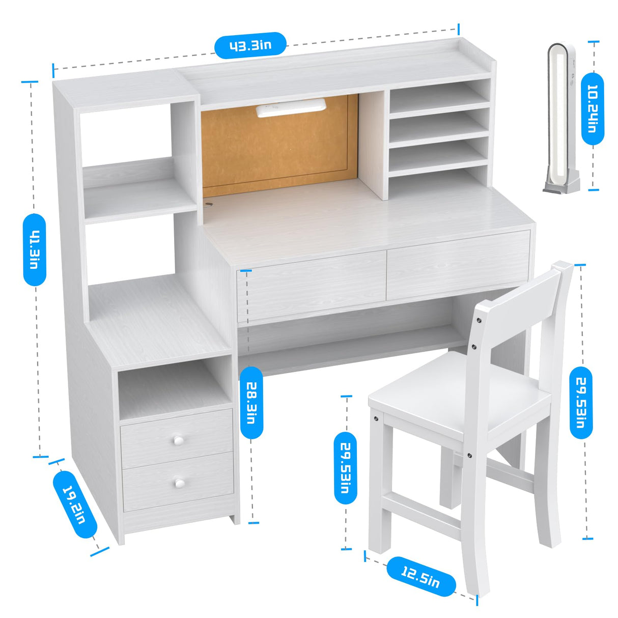 RUPOLX White Kids Desk and Chair Set for 5-12 Year Old,Kids Study with 3-Color Lights,Childrens Computer Desk with 4 Drawers, Kids Study Table with Storage Shelf -D-40 RUPOLX