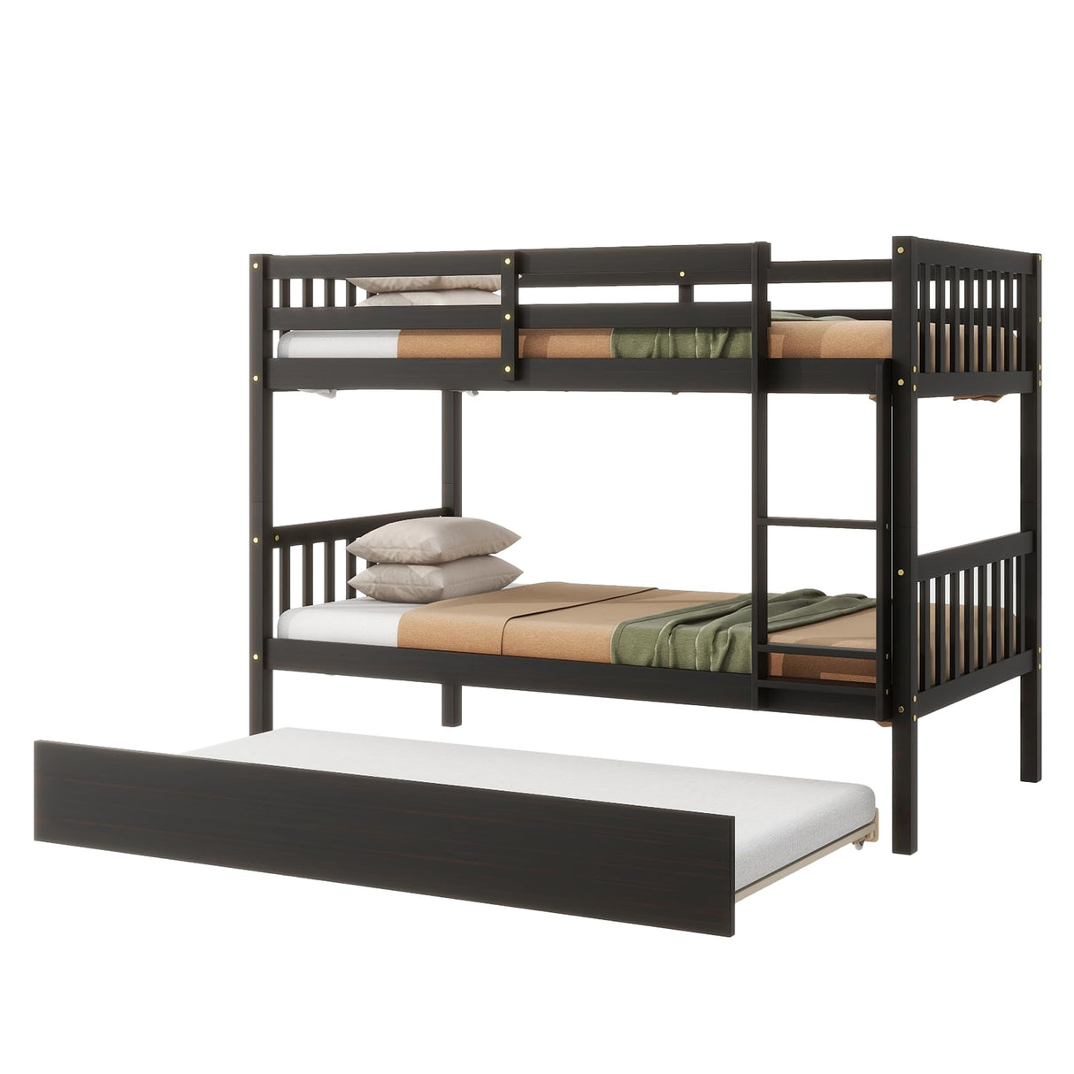 DNChuan Twin Over Twin Bunk Bed with Trundle,Triple Bunk Bed Convertible Into 3 Platform Beds,3-in-1 Beds with Headboard and Footboard,Wooden Frame for Kids Adults-Espresso DNChuan