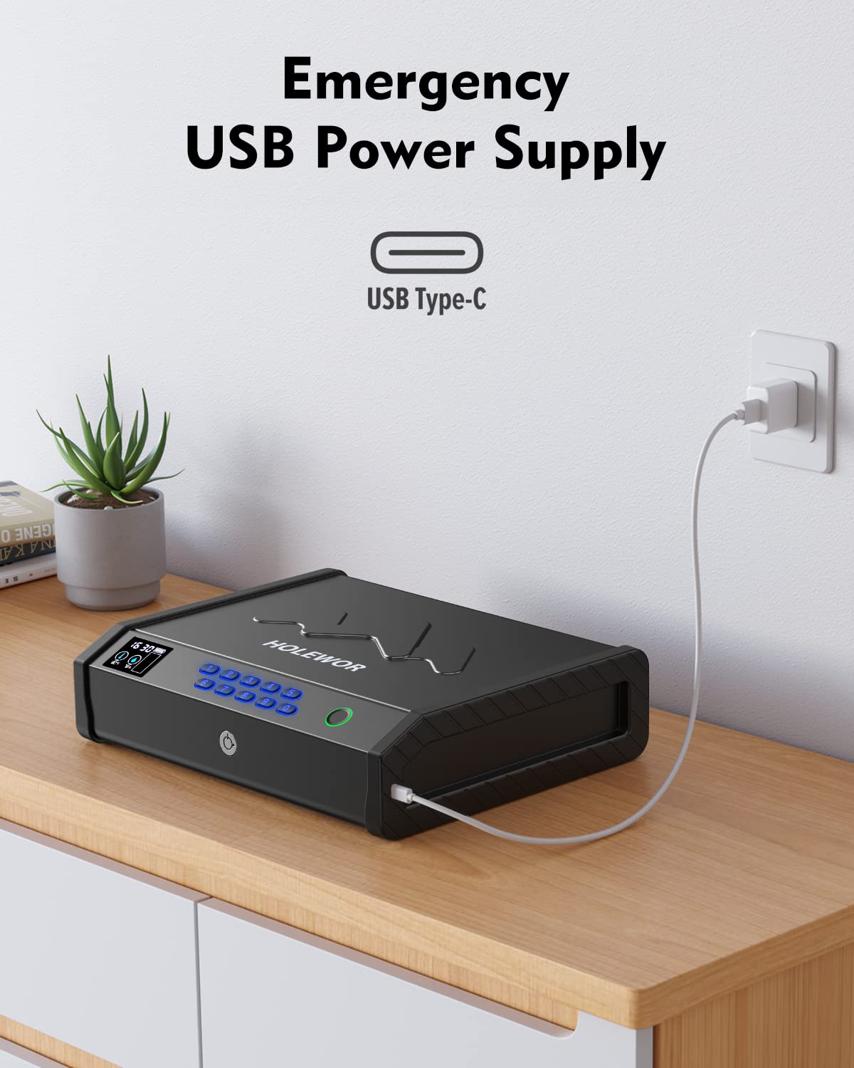 HOLEWOR Gun Safe, Biometric Gun Safes for Pistols with LCD Display of Temperature Humidity, Fingerprint Quick Access Pistol Safe Solid Handgun Safe with USB C Port HOLEWOR