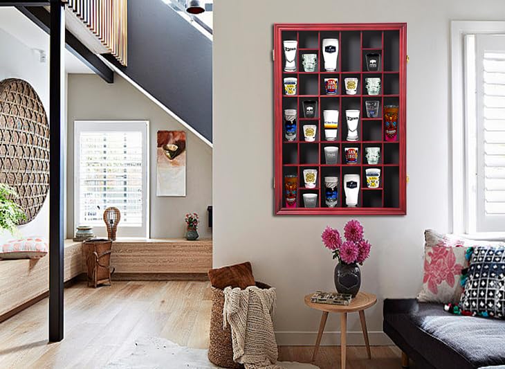 Furnishh 36 Slots Shot Glass Display Case with Lockable Door, Solid Wood Cabinet Collection Holder Wall Mounted Shot Glass Display Storage Box with Removable Shelves, 18"x26", Mahogany Furnishh