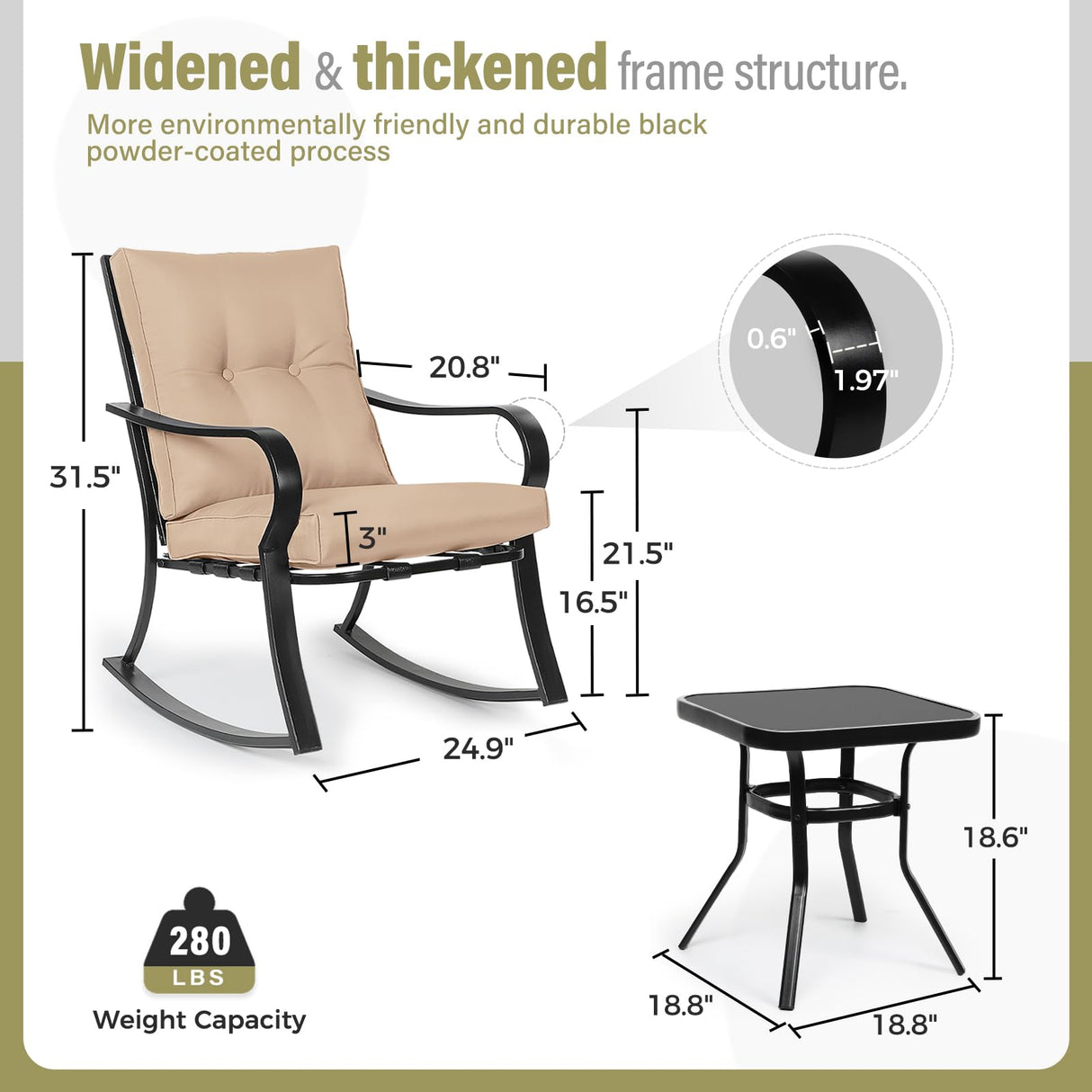 SOLAURA 3-Piece Outdoor Rocking Chairs Bistro Set, Black Iron Patio Furniture with Brown Thickened Cushion & Glass-Top Coffee Table SOLAURA