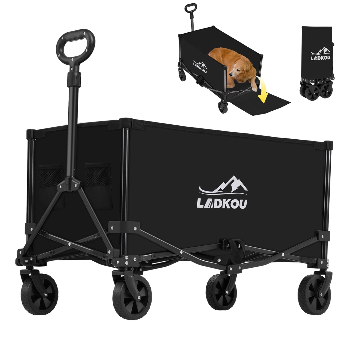 Ladkou Collapsible Foldable Wagon, Heavy Duty Beach Wagon Cart with 140L Capacity and 220LBS Load, Portable Utility Grocery Wagon for Outdoor Camping Garden, Black - WoodArtSupply