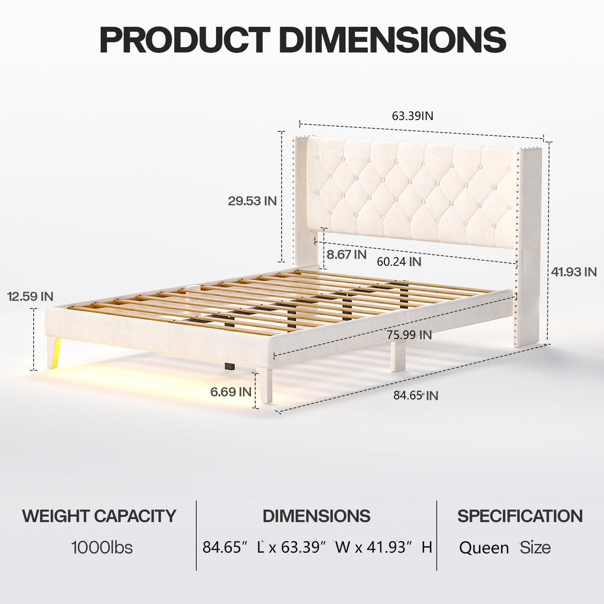 Lihimte Queen Size Bed Frame with Led Lights, Upholstered Velvet Platform Bed Frames with Button Tufted Wingback Headboard and Footboard, Wooden Slats Support, No Box Spring Needed, Beige Lihimte