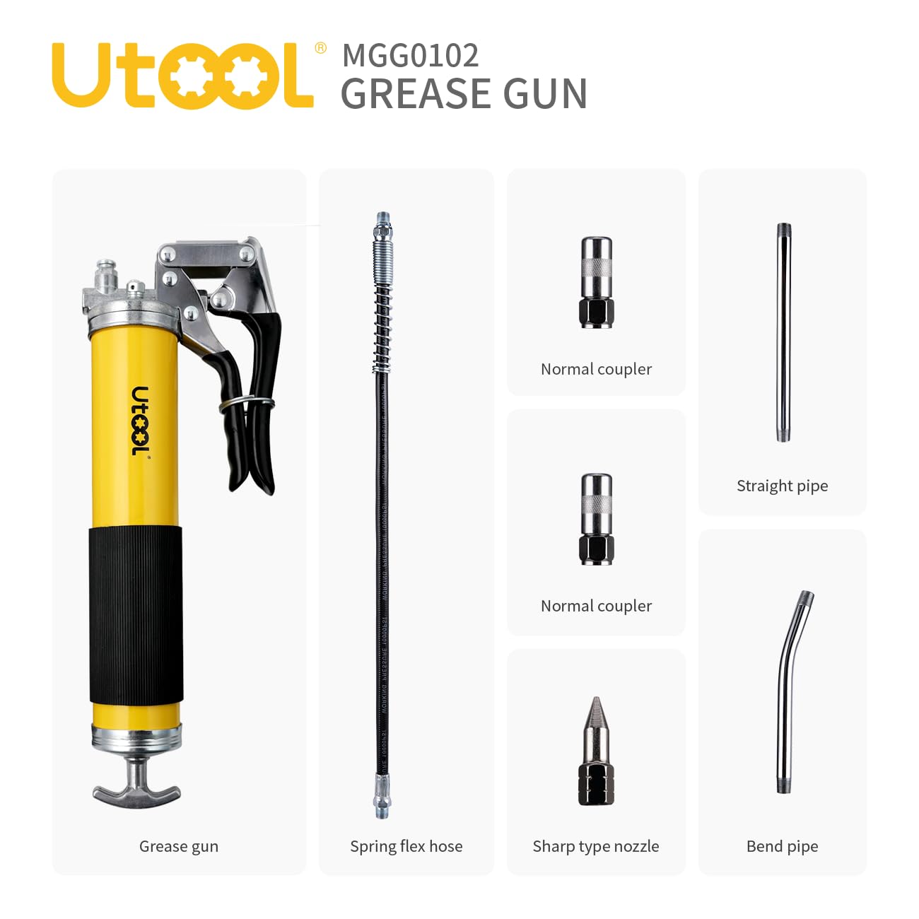 UTOOL Grease Gun, 8000 PSI Heavy Duty Pistol Grip Grease Gun Kit with 14 oz Capacity, 18 Inch Resin Flex Hose, 2 Basic Coupler, 2 Extension Rigid Pipe and 1 Sharp Type Nozzle - WoodArtSupply