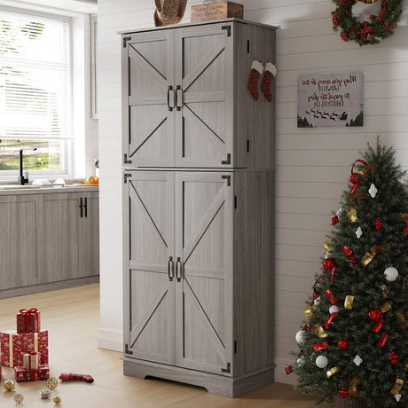 Sunny Heart 72" H Kitchen Pantry Storage Cabinets with Doors and Adjustable Shelves, Farmhouse Kitchen Storage Cabinet, Drawer, Kitchen Organizers and Storage for Living Room, Kitchen, Grey Sunny Heart