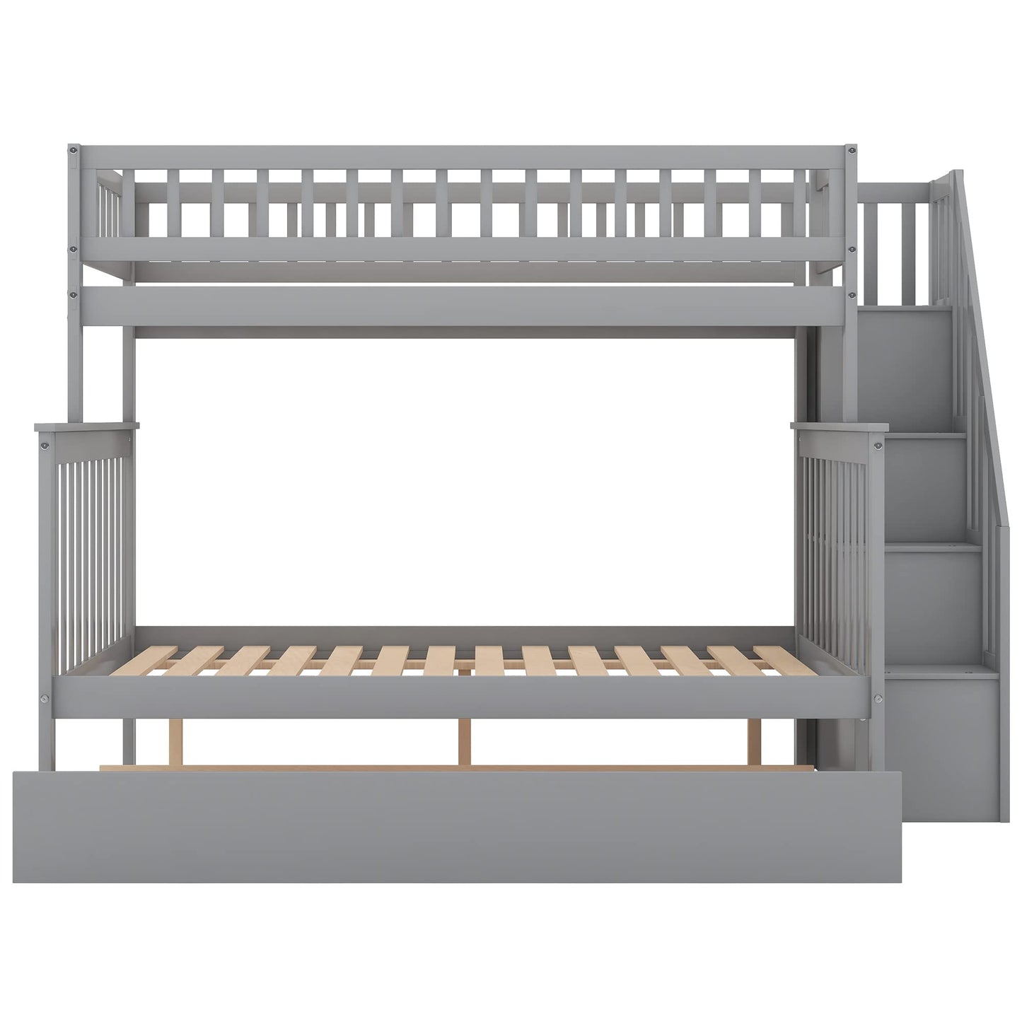 Harper & Bright Designs Twin Over Full Bunk Beds with Trundle, Bunk Beds with Stairs and Storage Shelf,Wood Bunk Beds with Full-Length Guard Rail for Kids, Gray